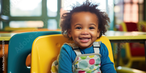 An adorable toddler with curly hair smiling brightly, seated in a colorful high chair in a well-lit room. photo