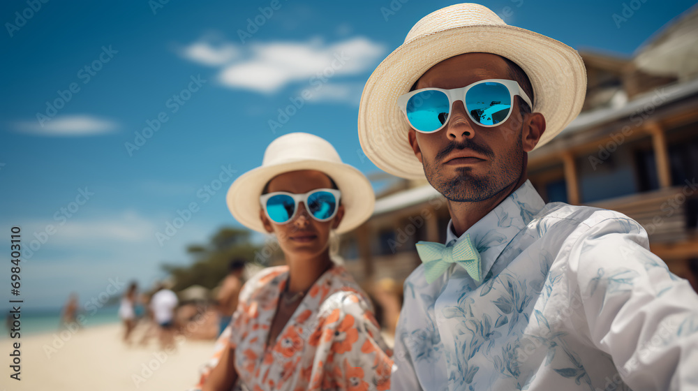Married couple  at a tropical beach - vacation - resort - trip - travel - ocean - getaway - escape - summer fun - stylish fashion - quirky charm 