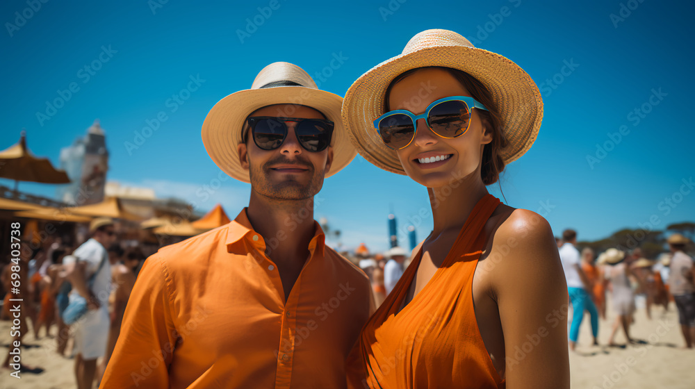 Married couple  at a tropical beach - vacation - resort - trip - travel - ocean - getaway - escape - summer fun - stylish fashion - quirky charm 