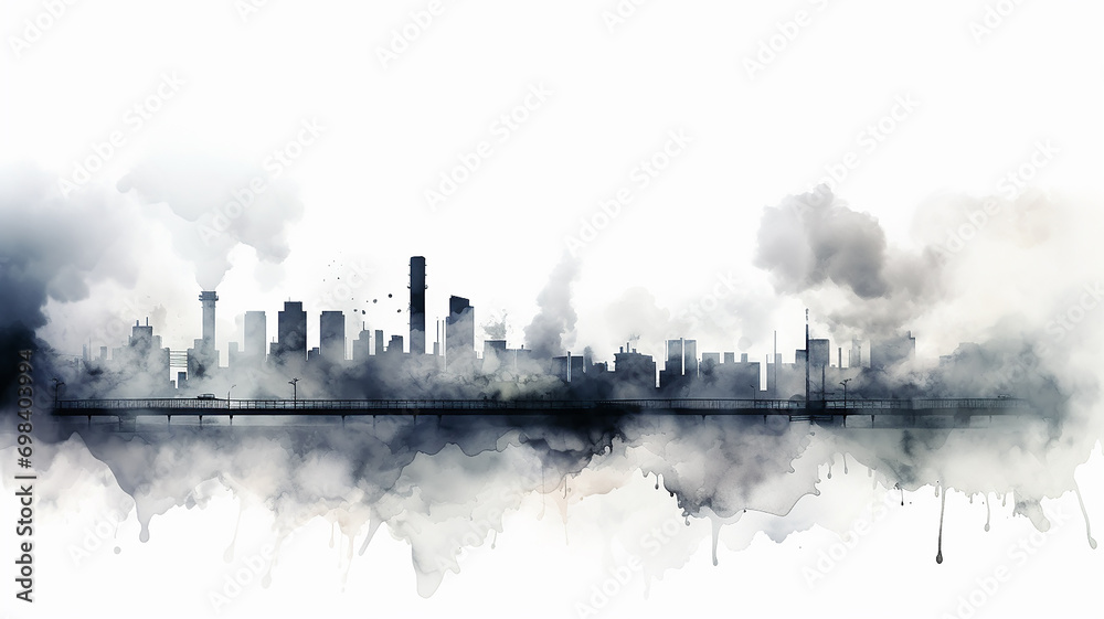 black cityline watercolor illustration. polluted city, smoke, ecological problem, isolated on white. city - obrazy, fototapety, plakaty 