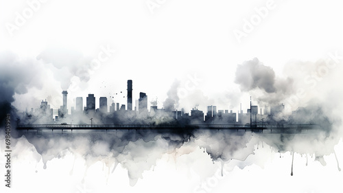 black cityline watercolor illustration. polluted city, smoke, ecological problem, isolated on white. city photo