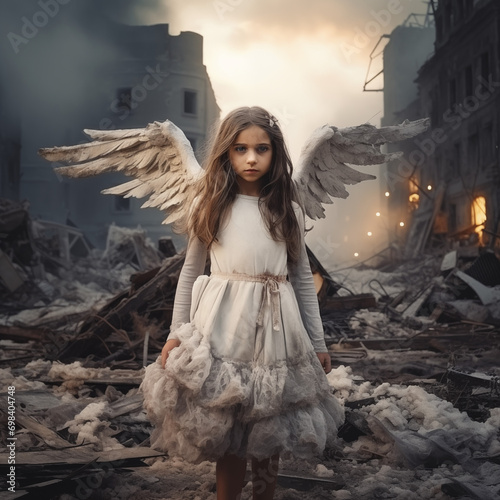 A sad little blonde angel girl , kid, child in a white dress and white wings stands in the middle of a war-torn city in winter. The price of war, broken lives