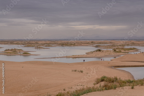 The river going through the desert in Wuhai, Inner Mongolia, China