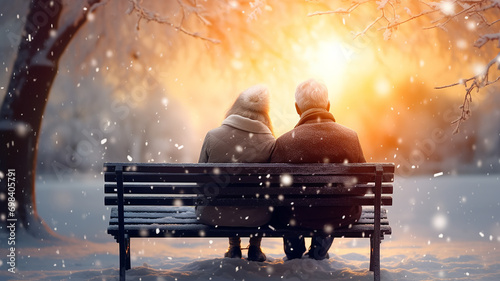 elderly couple in love sitting on a bench in the snowfall winter Christmas Eve, romantic evening man and woman view from the back photo