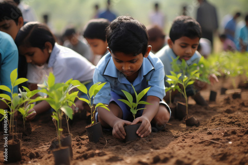 cute indian children group doing plantation.