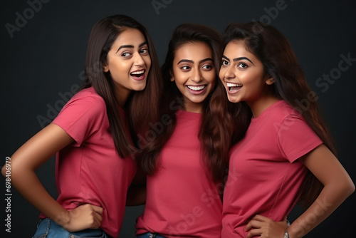 three young Indian girls wearing t shirts and giving happy expression