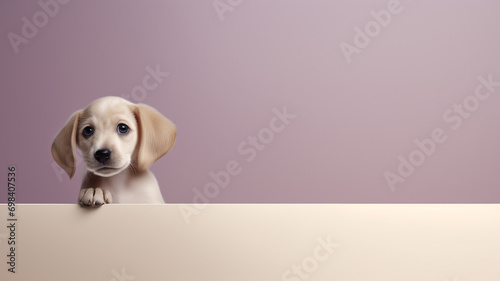dog looks out, on a smooth background in the studio, a lot of copy space for design