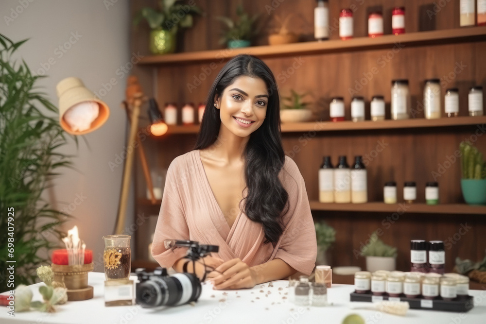 Fototapeta premium Young female influencer shoot live vlog