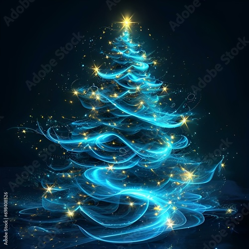 abstract christmas tree.christmas tree on blue light.A festive Christmas tree adorned with lights and ornaments, topped with a shining star. Perfect for holiday decorations and greeting cards.