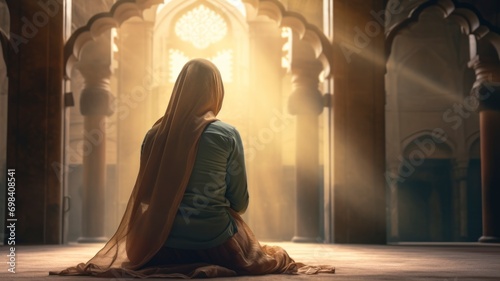 Islamic concept photo. Muslim Woman praying in the mosque and sunlight rays with haze in the morning. Ramadan or kandil or laylat al-qadr or kadir gecesi background photo. copyspace - generative ai