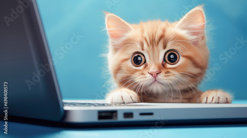 a red kitten on a blue laptop background 