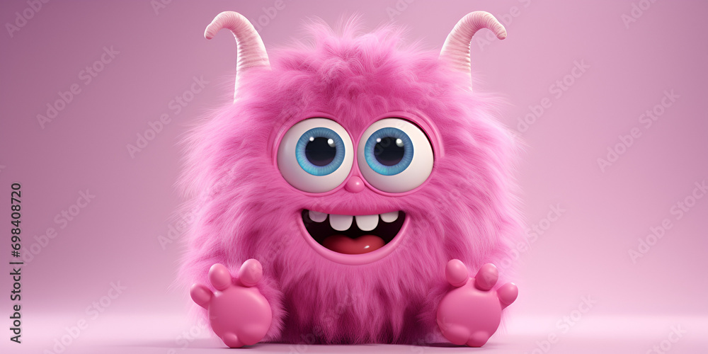 A pink fluffy monster with blue eyes and a pink background,Pink Furry Monster with Big Blue Eyes on a Rosy Canvas