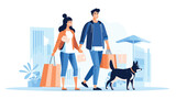  family shopping flat composition with male female characters shopping dog flat vector illustration. Vector illustration 