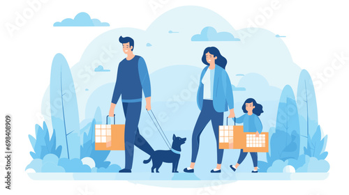   family shopping flat composition with male female characters shopping dog flat vector illustration. Vector illustration 