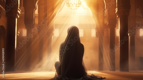 Islamic concept photo. Muslim Woman praying in the mosque and sunlight rays with haze in the morning. Ramadan or kandil or laylat al-qadr or kadir gecesi background photo. copyspace - generative ai © Nia™