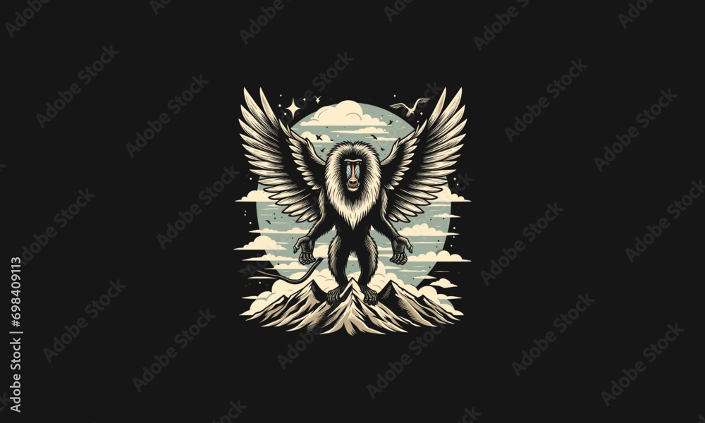 baboon with wings on mountain vector mascot design