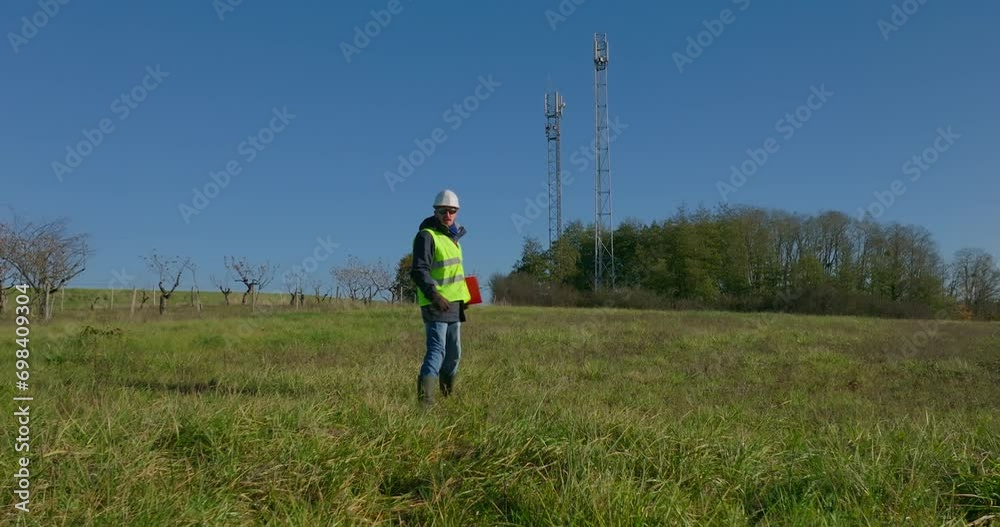 Heading towards industrial pylons, safety conscious employee gives directions Heading towards industrial pylons, safety conscious employee gives directions