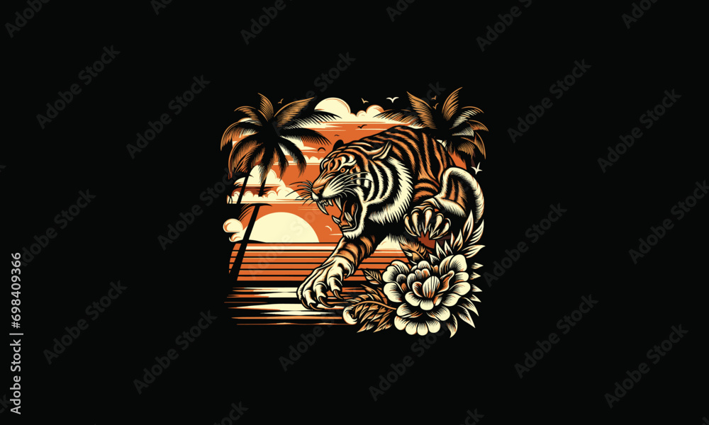 tiger angry on beach sunset and palm vector artwork design tiger angry on beach sunset and palm vector artwork design