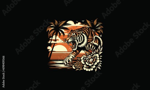 tiger angry on beach sunset and palm vector artwork design