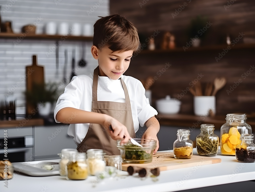 A caucasian boy dressed as a chef and preparing food in kitchen. A caucasian boy dressed as a chef and preparing food in kitchen.