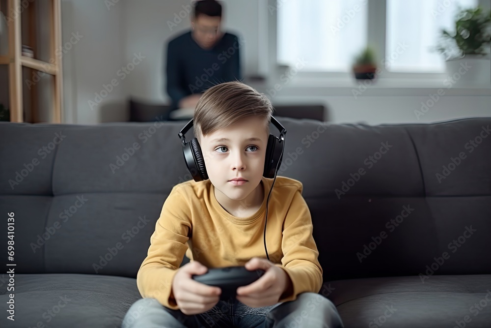 Boy kid playing video computer game home living room Boy kid playing video computer game home living room