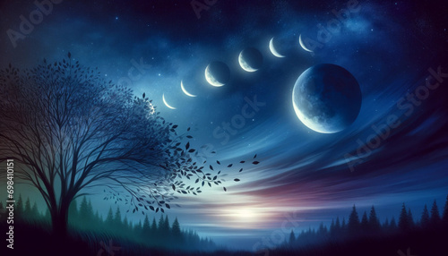 Moon Phases Over Tranquil Landscape with Tree Silhouette photo