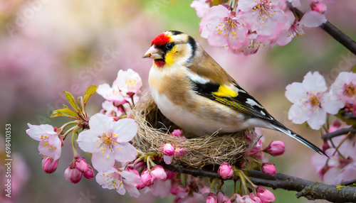 A Vibrant Goldfinch Perched in its nest on a Blooming Cherry Blossom Branch, epitomizing the beauty of spring © LADALIDI