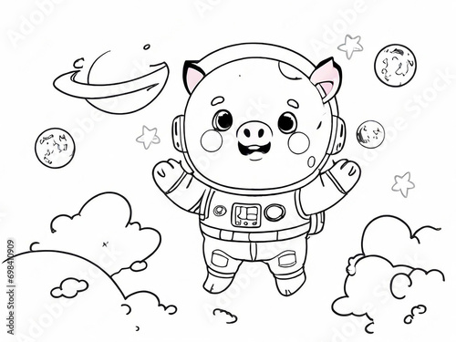 Coloring Book For Kids, Astronaut Cute Pig Floating in Space
