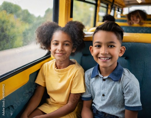 Crianças felizes sentadas dentro de um ônibus escolar
