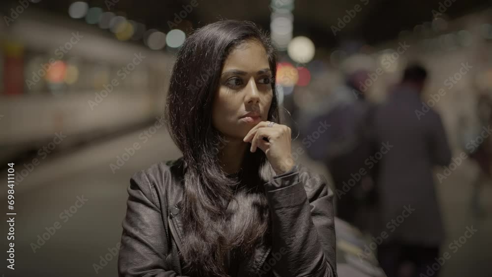 Head Shot of Thinking Female Person Waiting Thoughtful in Trainstation Head Shot of Thinking Female Person Waiting Thoughtful in Trainstation