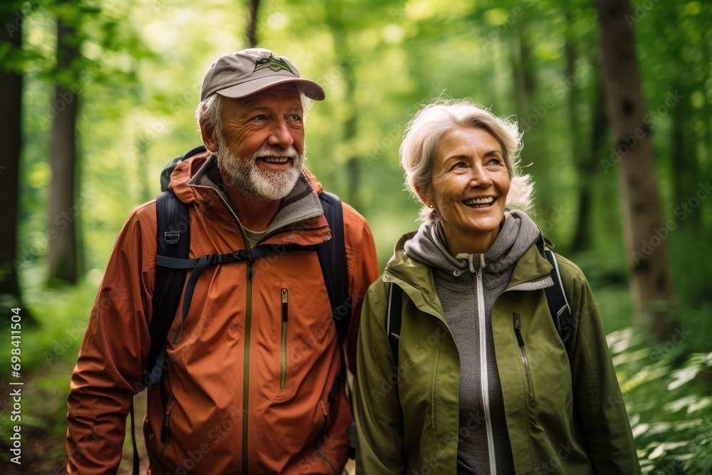 Senior couple has joying the green beautiful nature woods forest around her - concept healthy natural lifestyle - happiness emotion.