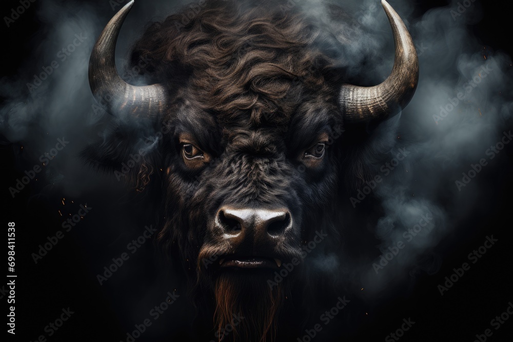 Face of a bison watching us with predator eyes in a full black decor and smoke Face of a bison watching us with predator eyes in a full black decor and smoke