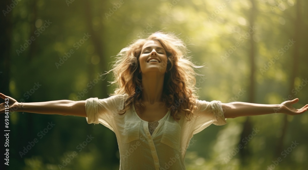 Woman enjoying the green beautiful nature woods forest around her - concept healthy natural lifestyle - happiness emotion. - obrazy, fototapety, plakaty 