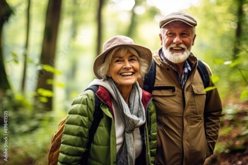Senior couple has joying the green beautiful nature woods forest around her - concept healthy natural lifestyle - happiness emotion.