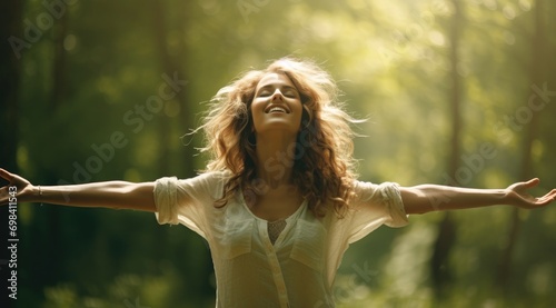 Woman enjoying the green beautiful nature woods forest around her - concept healthy natural lifestyle - happiness emotion.