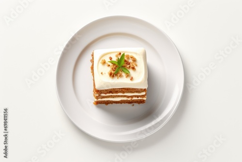 Cake on white ceramic dish on white background from the top.