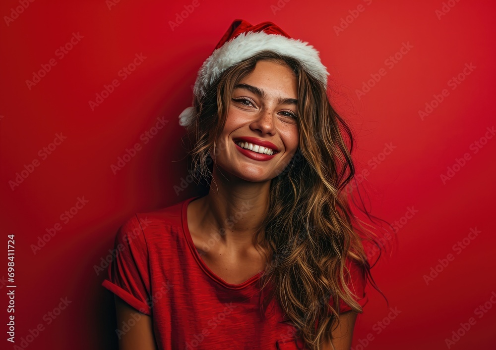 happy smiling beauty girl with Santa hat in Christmas background happy smiling beauty girl with Santa hat in Christmas background
