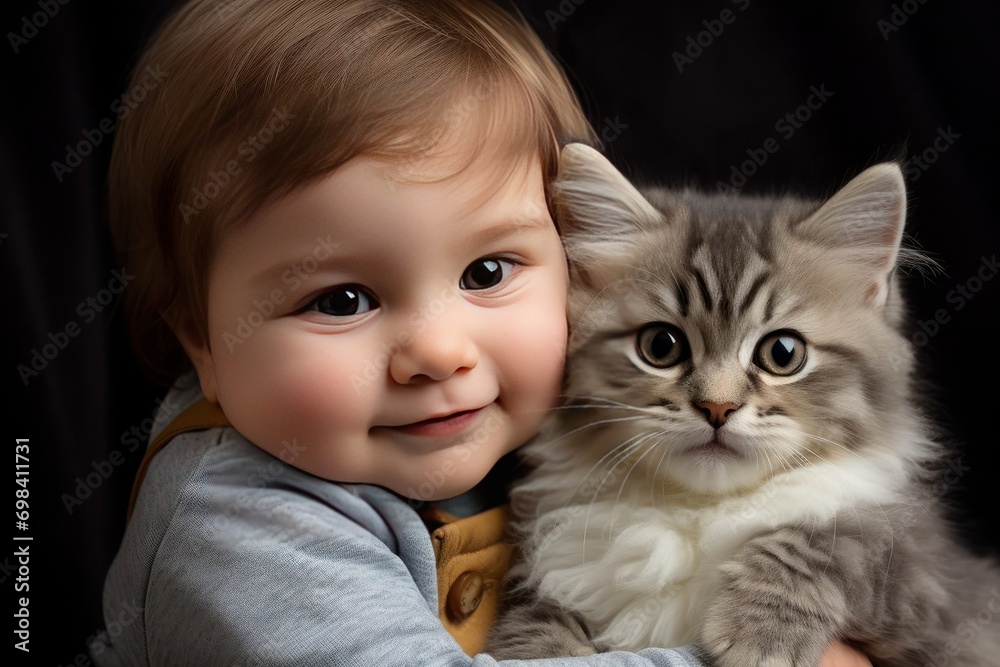 Cute infant baby boy hugs fluffy cat looking at camera on dark background. Copy space
