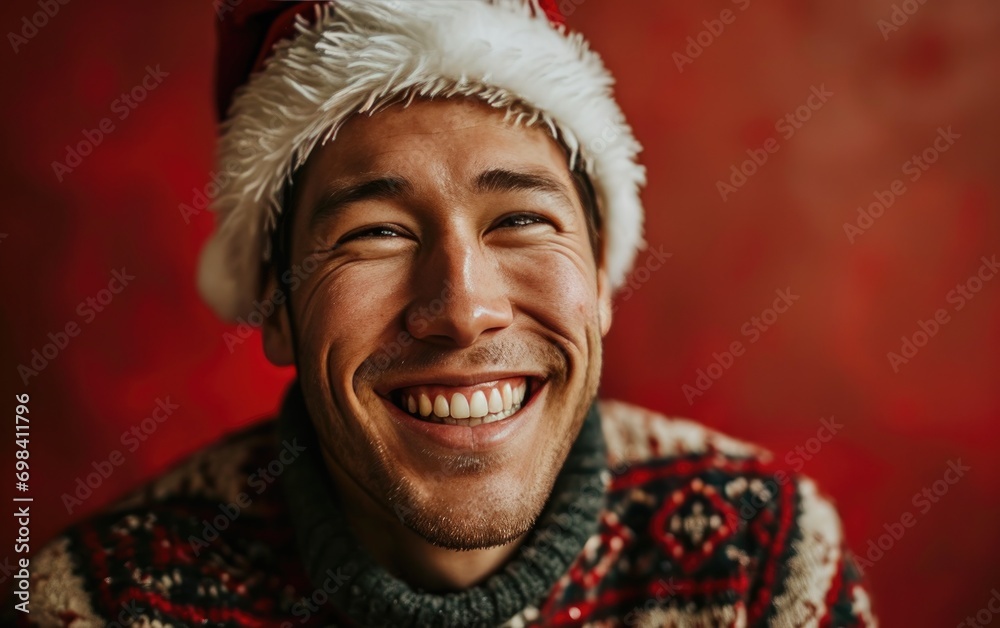 happy smiling handsome man with Santa hat in Christmas background