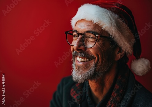 happy smiling handsome man with Santa hat in Christmas background