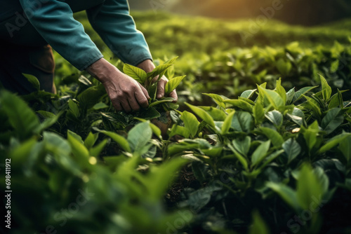 Close view of hands picking tea leaves in the morning