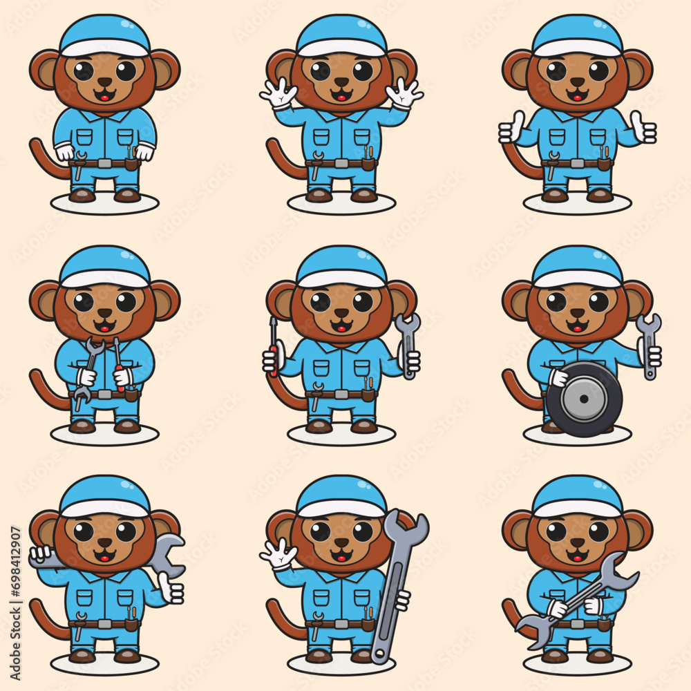 Mascot cartoon of cute Monkey wearing mechanic uniform and cap. Cute Monkey illustration. Character animal. Mechanic cartoon set. Vector illustration in isolated background. Mascot cartoon of cute Monkey wearing mechanic uniform and cap. Cute Monkey illustration. Character animal. Mechanic cartoon set. Vector illustration in isolated background.