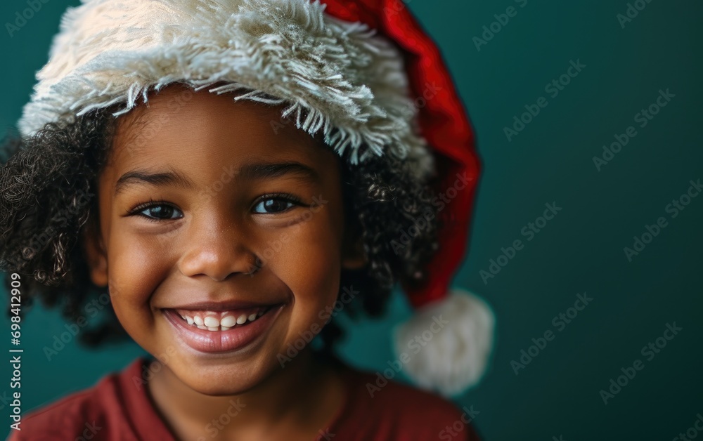 Happy African American kid wearing Santa hat in Christmas background Happy African American kid wearing Santa hat in Christmas background