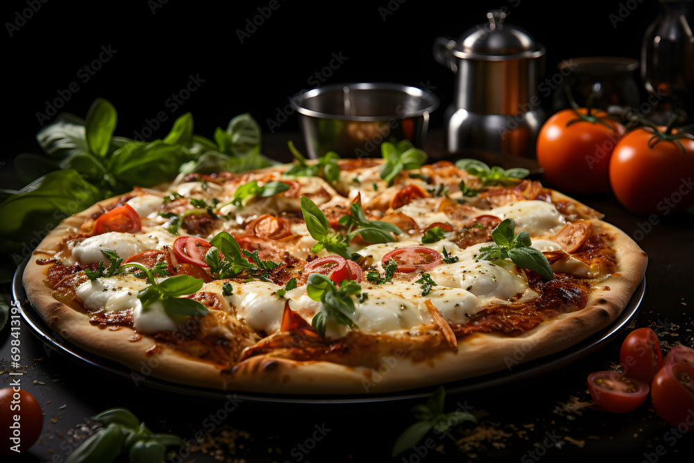 Margherita pizza, dramatic studio lighting and a shallow depth of field. Placed on a reflective black surface.no.02