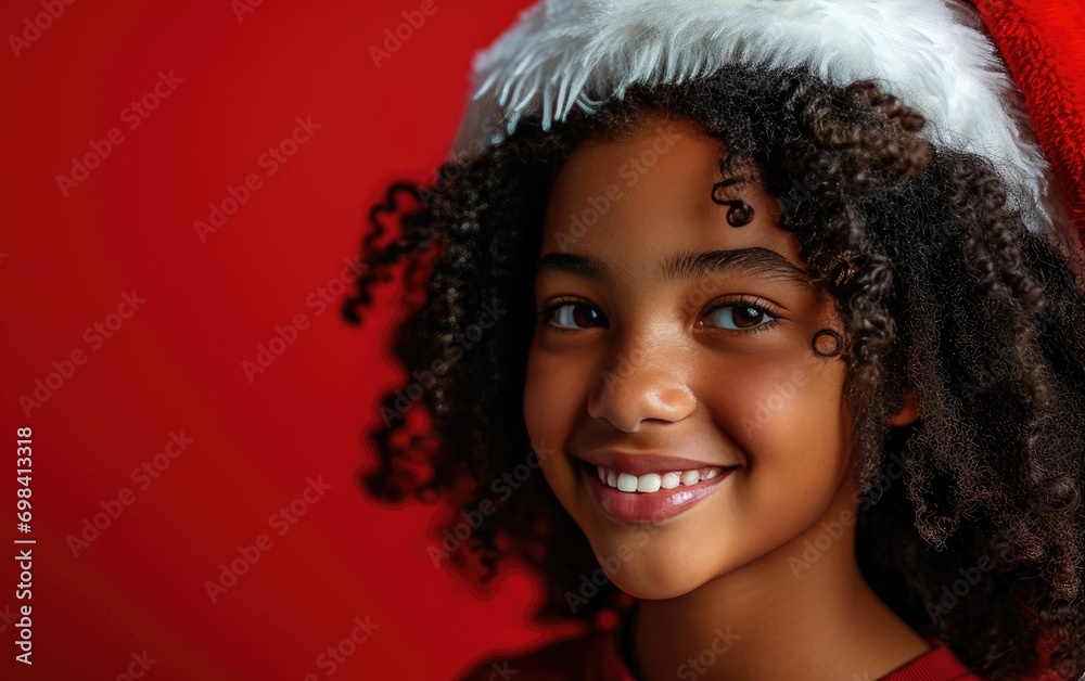 Happy African American kid wearing Santa hat in Christmas background Happy African American kid wearing Santa hat in Christmas background