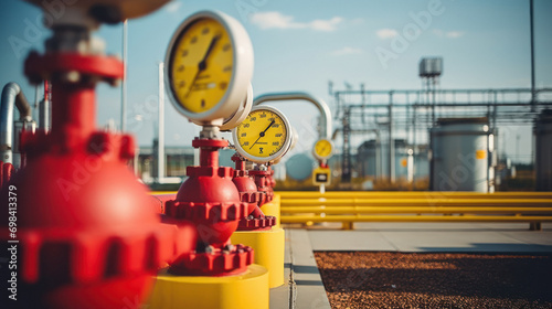 Red color pressure meter on yellow gas tank photo