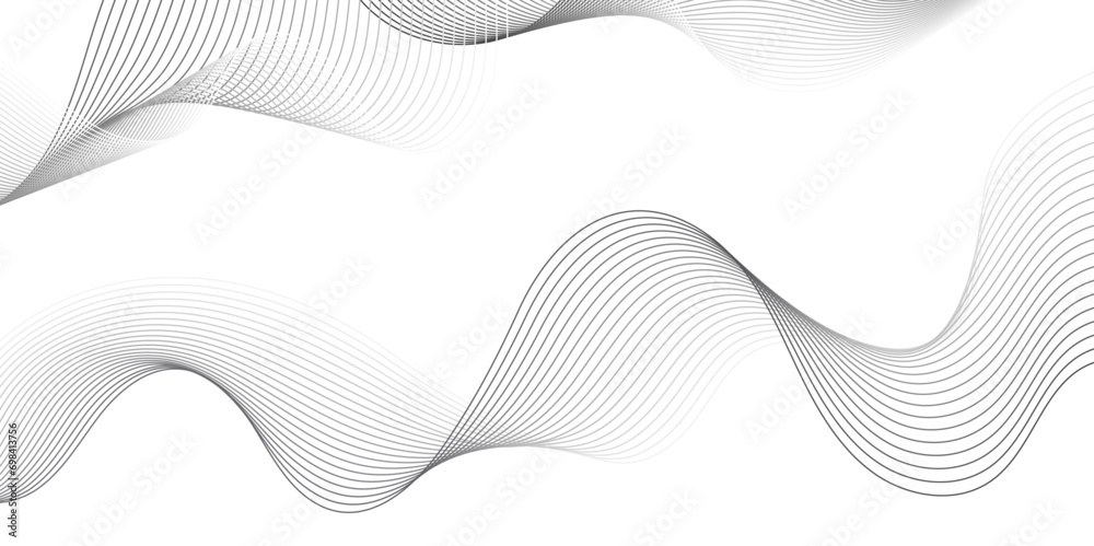 Abstract grey, white smooth element swoosh speed wave modern stream background. Wave with lines created using blend tool. Abstract frequency sound wave lines and twisted curve lines background.