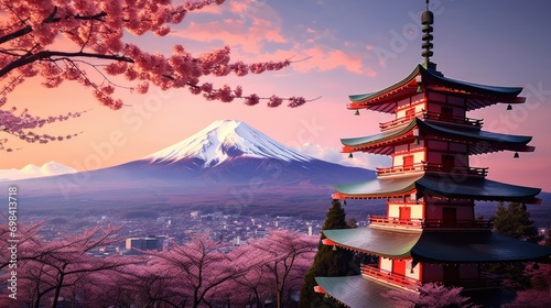 Fujiyoshida  Japan Beautiful view of mountain Fuji and Chureito pagoda at sunset  japan in the spring with cherry blossom