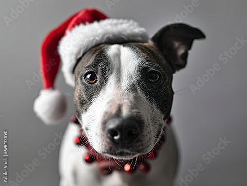 Bull Terrier smiling wearing a Christmas hat, portrait © hakule