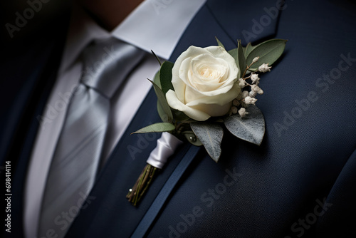 Wedding man jacket groom male flower boutonniere white rose tuxedo suit celebration photo